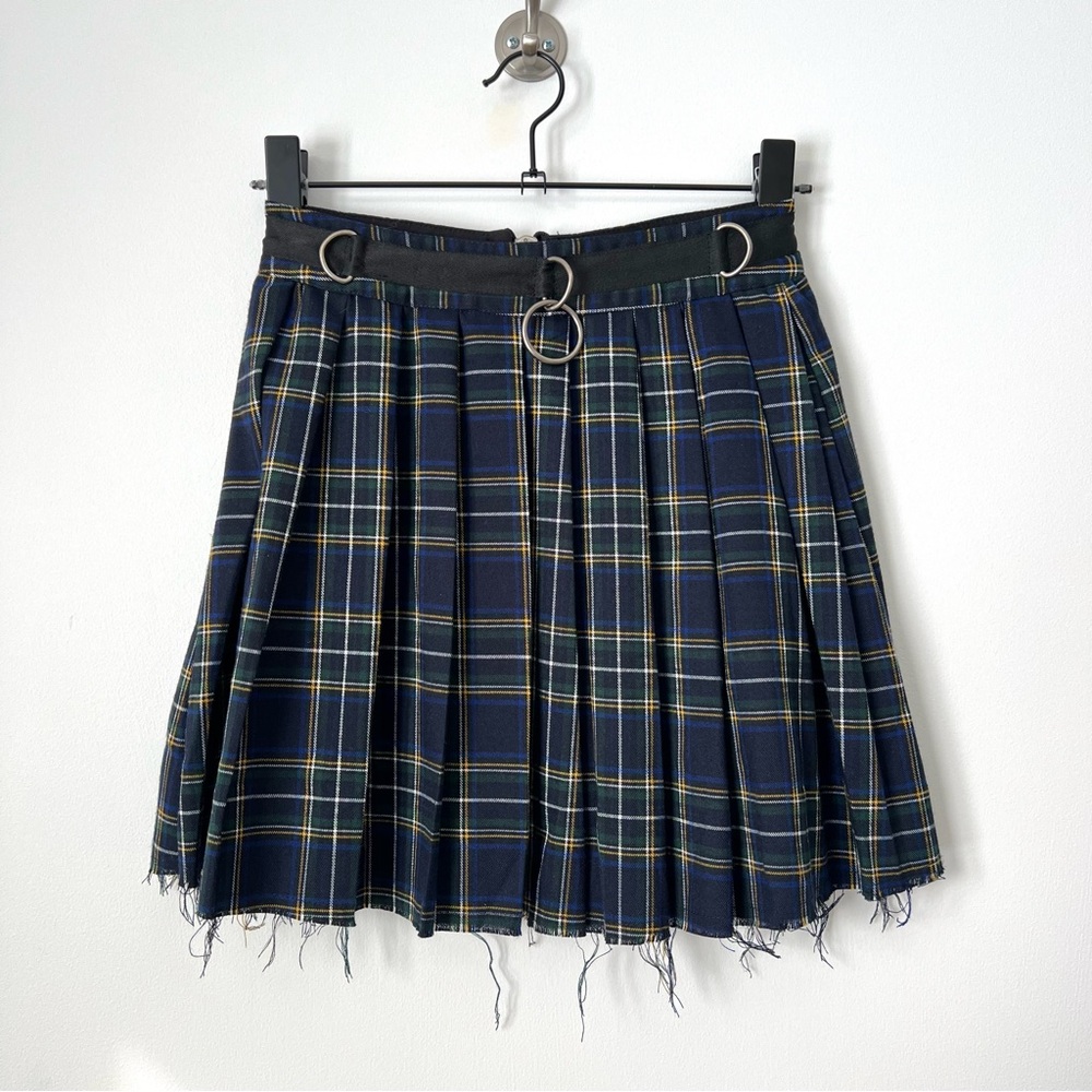 Current Mood Grunge Navy Plaid Skirt with Ring Detail